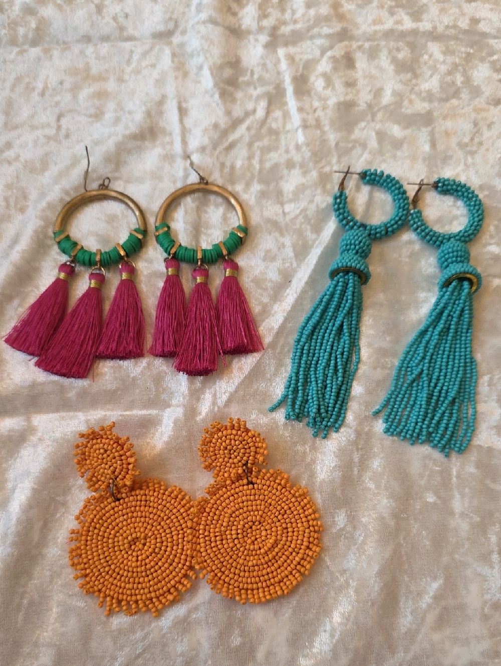 3 Pair Of Fun Boho Chic, Festival Tassel & Beaded Earrings - Pink, Teal, Orange